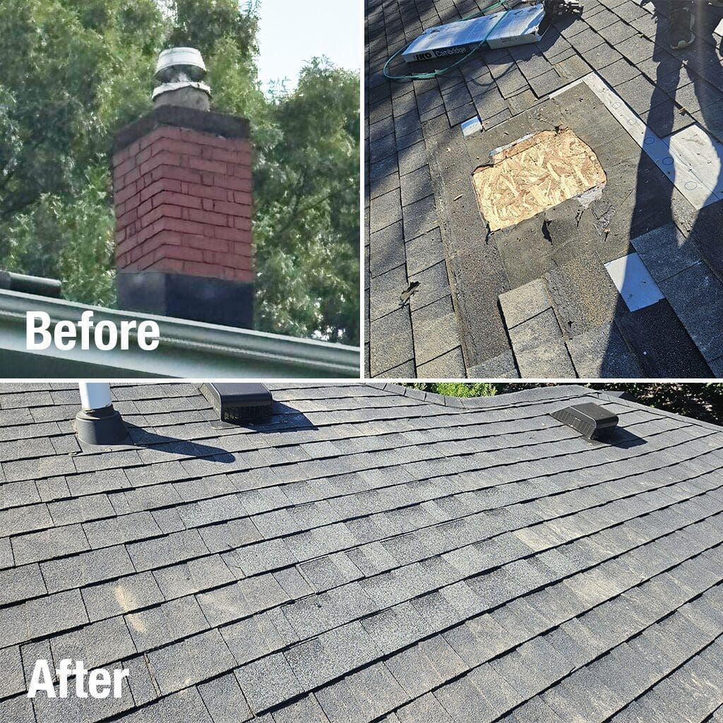 Before-and-after images of full chimney tear-down, roof patch, and seamless shingle match on a Brookfield home by Modern Exterior
