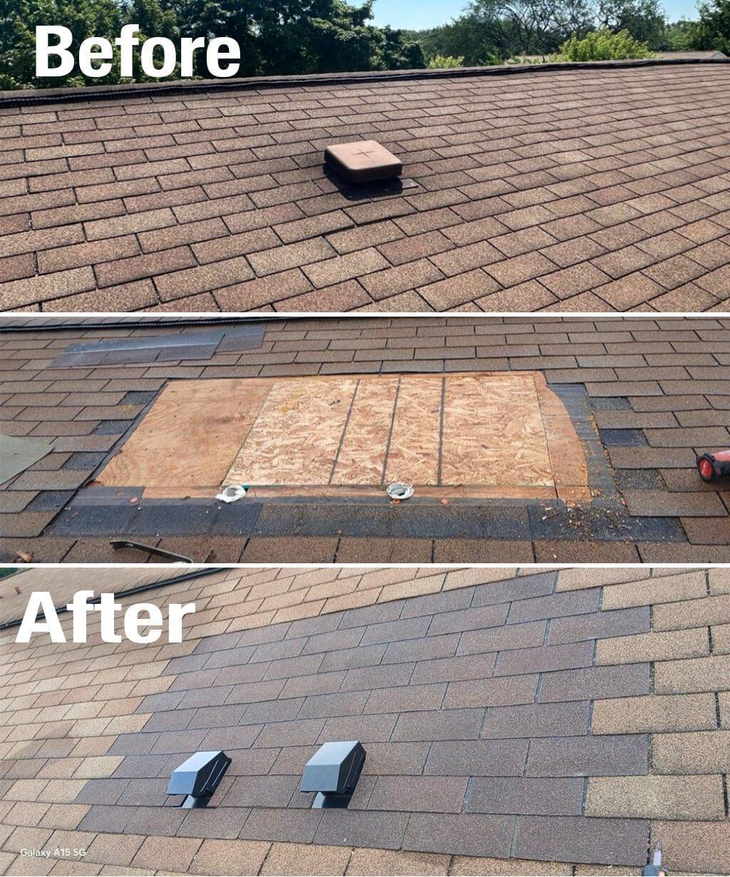 Before-during-after sequence of Milwaukee condo roof repair showing old leaking vent system, replaced OSB roof decking, and final roof with new shingles and upgraded vent system by Modern Exterior