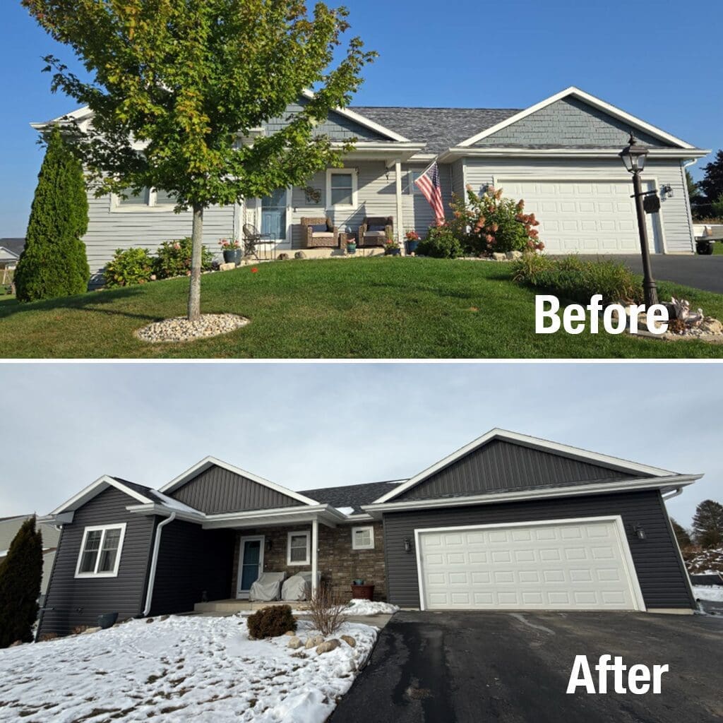 Before-and-after view of an Oconomowoc, WI home showing hail-damaged siding replaced with new Prem Pointe siding, board-and-batten gables, Versetta Stone accents, and updated trim by Modern Exterior.