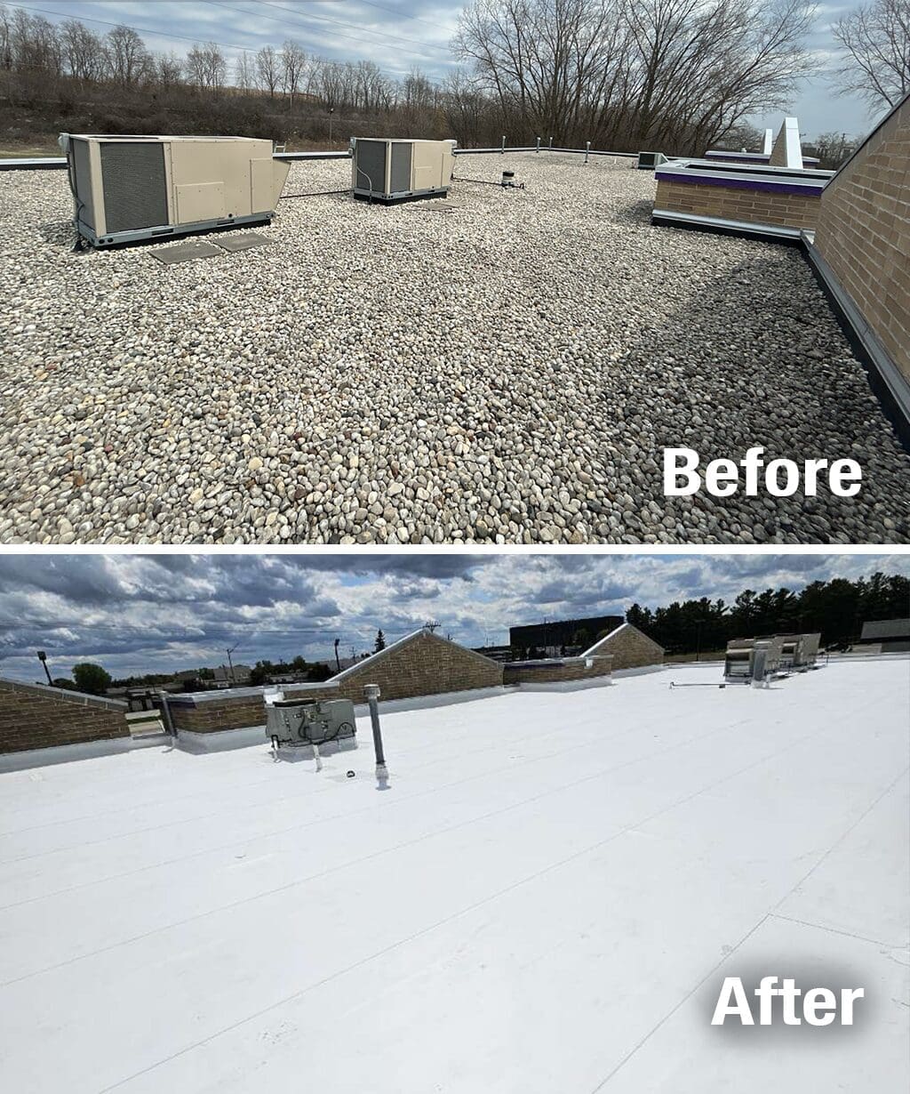 Before and after commercial roof replacement at Central Bark in Sussex, showing EPDM roof upgraded with new PVC system and insulation board