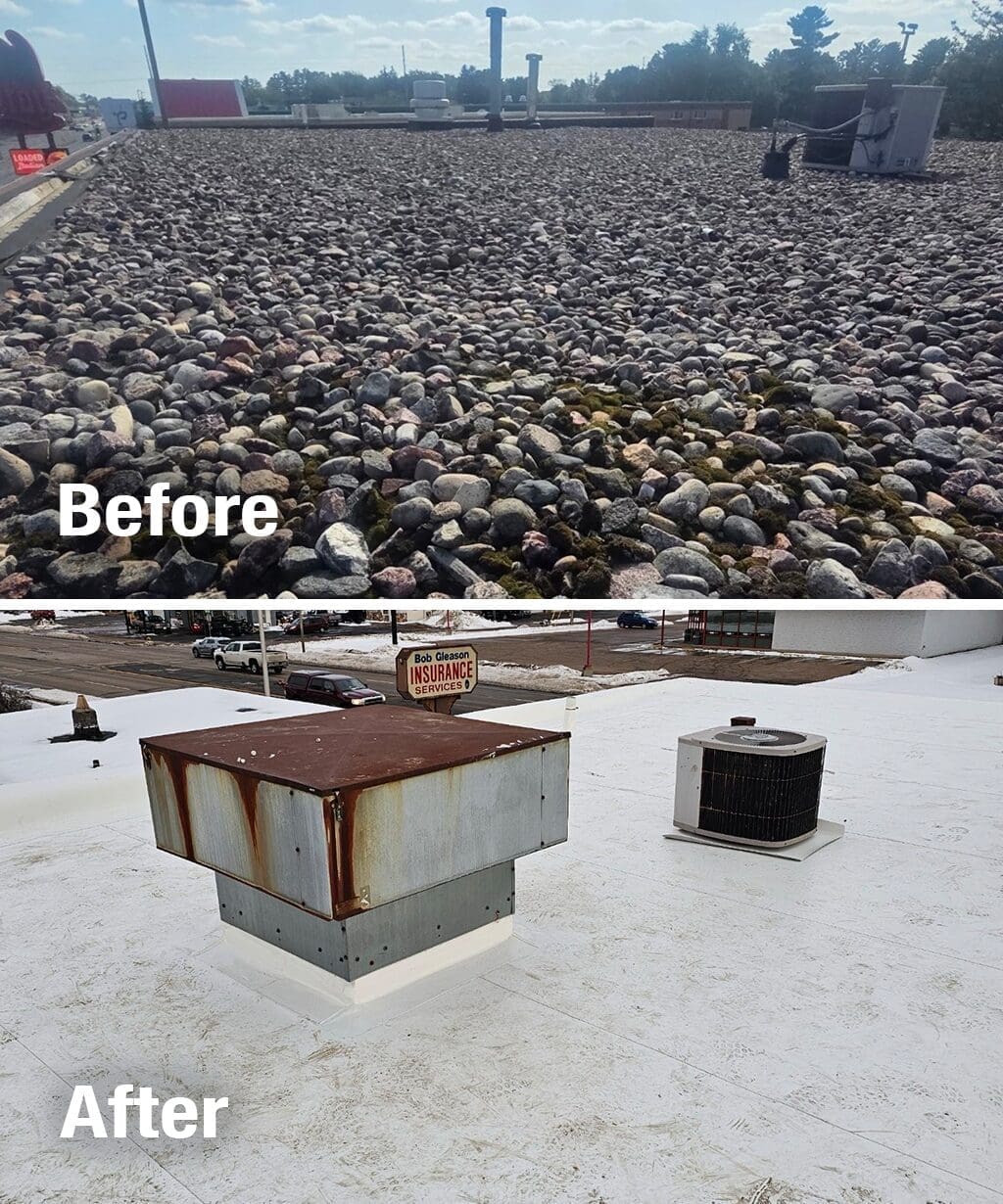 Before and after commercial roof replacement at Take 5 in Wisconsin Rapids showing gravel roof removed and replaced with new PVC roofing system