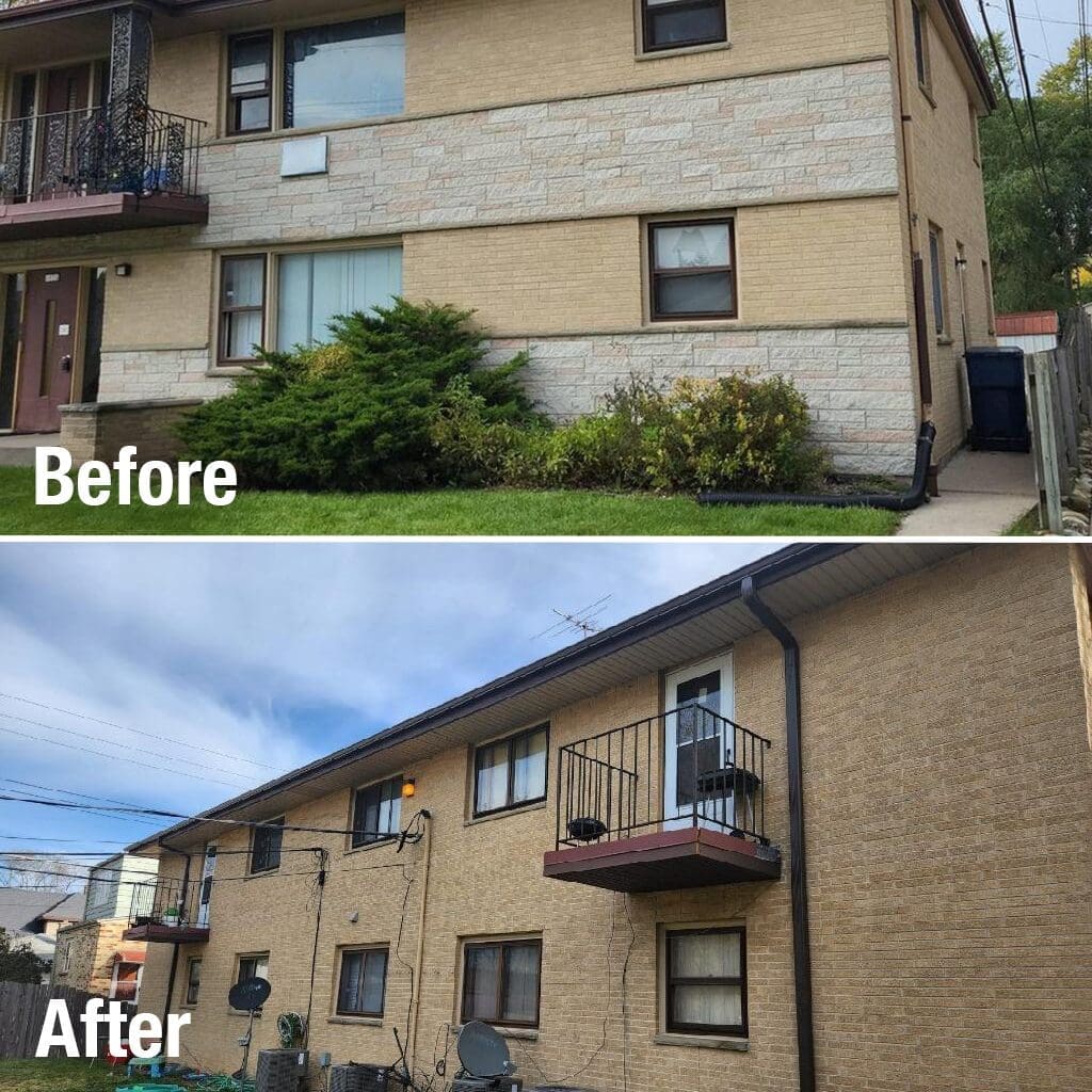 Before and after 5-inch seamless gutter and downspout replacement on a multifamily property in Milwaukee, Wisconsin.